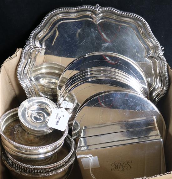A silver cigarette box, four silver pin dishes, a Walker & Hall plated salver and sundry plate,